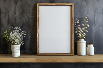 Mockup of a photo frame on a wooden ledge