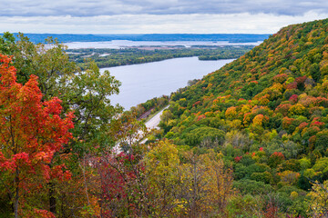 overlooking mississippi river from great river bluffs state park in driftless region of...
