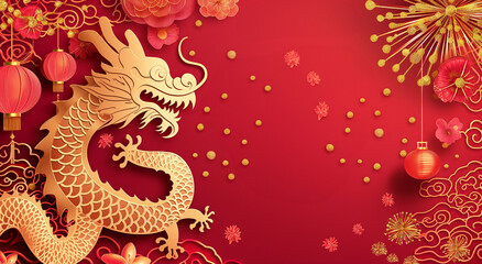 Golden Chinese Dragon on Festive Red Background