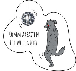 Dancing wolf meme from the Internet. Mister I don't want to. German Let's go to work, I don't want to. An animal at a disco under a disco ball.