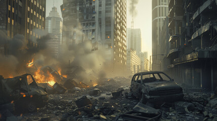 Post-apocalyptic cityscape with exploding cars and buildings in chaos. - obrazy, fototapety, plakaty