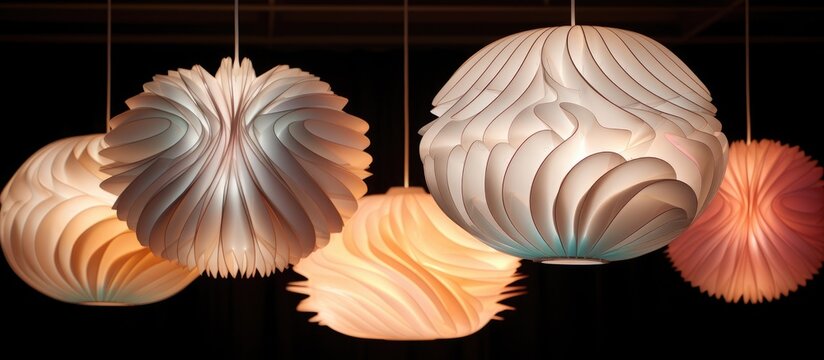 Several spherical paper lamps are suspended from strings attached to the ceiling, creating a whimsical and decorative display.