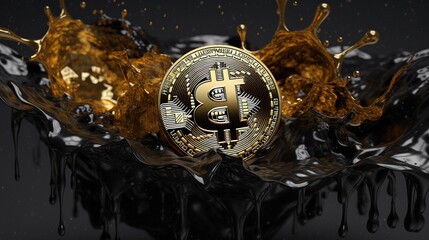 Generative AI, Bitcoin with golden yellow and black liquid, Digital Cryptocurrency coin. Mining or blockchain technology