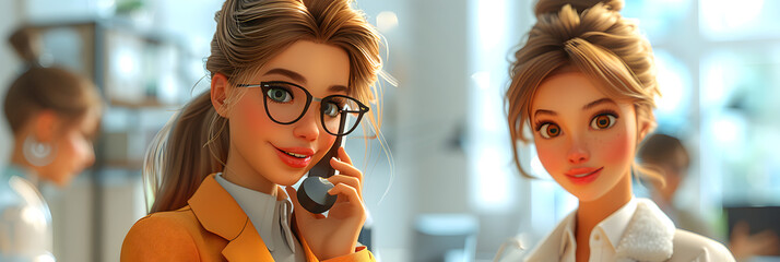 A 3D cartoon render of a female executive on the phone and another businesswoman with a tablet. - obrazy, fototapety, plakaty