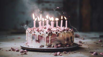Generative AI, Birthday beautiful cake with flowers and candles, aesthetic muted colors