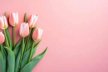 Obraz premium Blushing tulips on pink whisper of elegance, gentle grace in a soft-focus world. Copy space