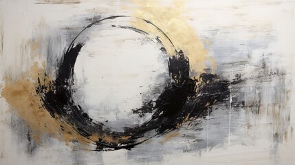 Generative AI, Black, golden and ivory white colors, circle shapes vintage painting background. Grunge old oil impasto painted wall texture.