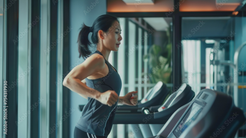 Wall mural Determined woman running on a treadmill in a modern gym setting.