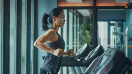 Determined woman running on a treadmill in a modern gym setting.