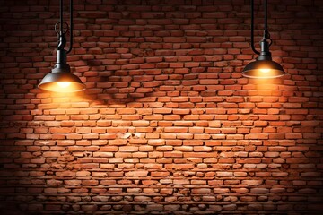 Hanging spotlight illuminate at brick wall background with copy space