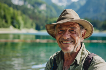 Man in his 50s  60s who exudes happiness and a sense of feeling truly alive in a beautiful natural park near a lake, genuine smile on his face