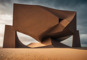large, geometric sculpture is situated on sand dunes with a dark, cloudy sky above.