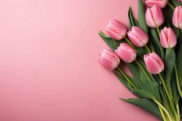 Pink tulips on a pastel background symbolize care and good wishes, perfect for springtime. Copy space