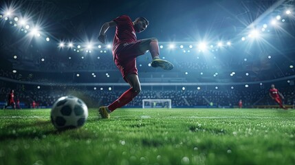 Soccer Player Performing High Kick on Stadium Field A soccer player in a red uniform captured mid-air executing a high kick during an evening match in a fully-lit stadium.

 - obrazy, fototapety, plakaty