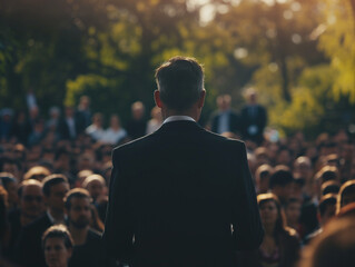 Man politician doing a speech outdoor in front of a crowd of members of a political party. AI Generated - obrazy, fototapety, plakaty