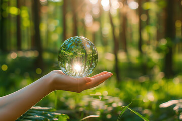 Symbol image of EARTH DAY: Woman holding a glass ball symbolising the earth, A.I.-generated)