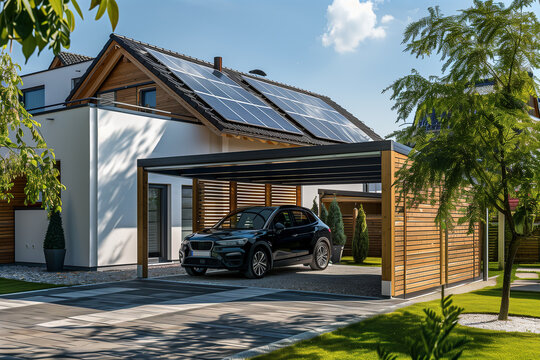 Beautiful wooden carport next to a new detached house (A.I.-generated)