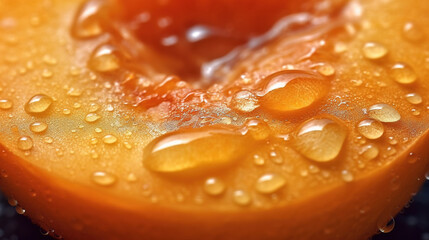 Generative AI, bright slice of juicy ripe apricot and water drops, macro of summer fruit