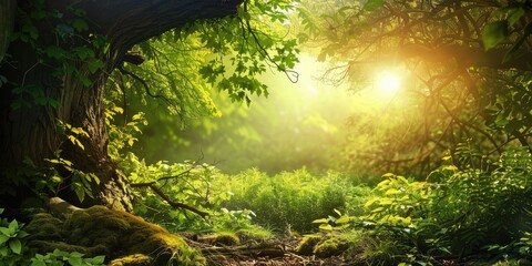 Digital painting of a spring forest with daisies and sun rays