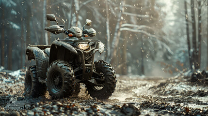 Fototapeta na wymiar black quad bike in the autumn field, . Front view. Extreme type of outdoor activities. ATV, quad bike in the forest, Generative AI