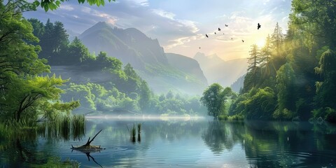 Early morning view of peaceful water - obrazy, fototapety, plakaty