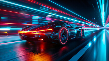 Fototapeta premium Modern futuristic car in movement. Cars lights on the road at night time. Timelapse, hyperlapse of transportation. Motion blur. AI Generated