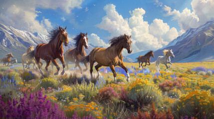 Hoard of mustang horse running in middle of a flowers meadow - obrazy, fototapety, plakaty