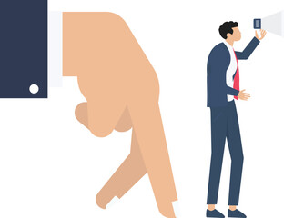 social media, businessman shouting in loud speaker with Finger Walk symbol and follow us word, Social media marketing concept

