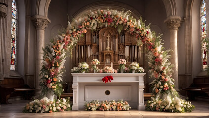 Church altar decorated with fresh flowers. Wedding arch