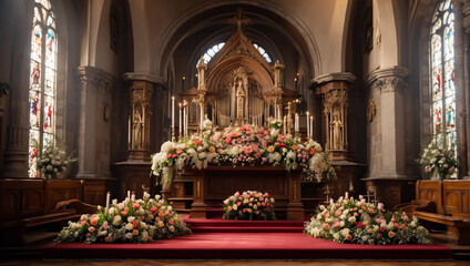 Church altar decorated with fresh flowers. Wedding ceremony or Easter - obrazy, fototapety, plakaty