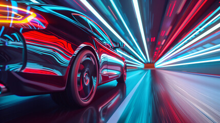 Modern futuristic car in movement. Cars lights on the road at night time. Timelapse, hyperlapse of transportation. Motion blur. AI Generated