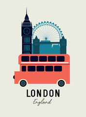 London travel poster with landmarks and red bus