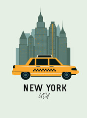 New York city travel poster with yellow taxi and cityscapes - obrazy, fototapety, plakaty