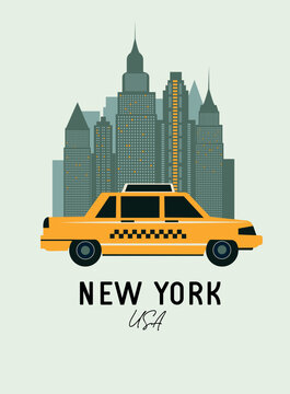New York city travel poster with yellow taxi and cityscapes