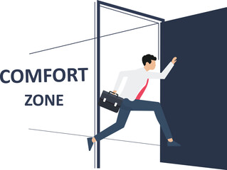 Office worker, entrepreneur or businessman with briefcase walking out open door. Concept of escaping comfort zone, step to success, personal development

