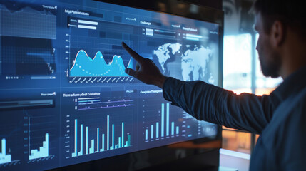 An interactive touch screen displaying customizable financial graphs and analytics for user engagement, Debt, Forecasting, Diagram, with copy space