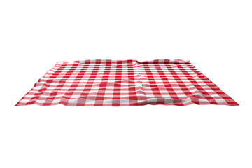 Red and white checkered picnic blanket on wooden table