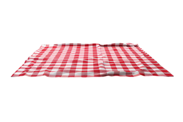 Red and white checkered picnic blanket on wooden table