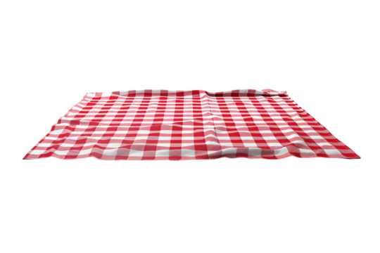 Red and white checkered picnic blanket on wooden table