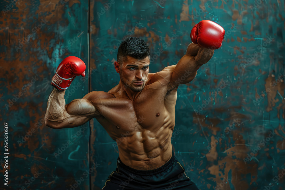 Sticker Kickboxing man in activewear and red kickboxing gloves performing a martial arts kick