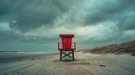 Red Lifeguard Chair on Sandy Beach