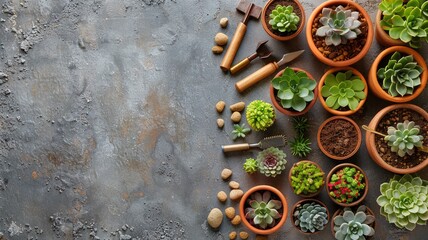 Succulent plants and gardening tools on concrete background with space for creativity - obrazy, fototapety, plakaty