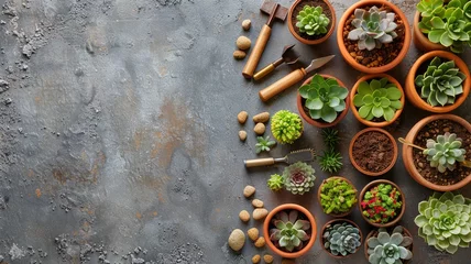 Poster Succulent plants and gardening tools on concrete background with space for creativity © rorozoa