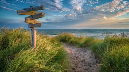 Coastal path with wooden directional signposts amidst the sand dunes under a blue sky