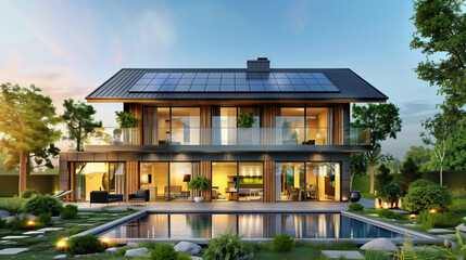 New modern eco friendly passive house with a photovoltaic system on the roof and landscaped yard....