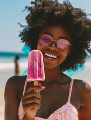 Portrait of a young smiling afro american woman eating a popsicle ice cream on hot summer day at the beach. AI Generated
