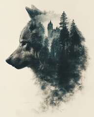 Double Exposure Wolf and Forest Illustration