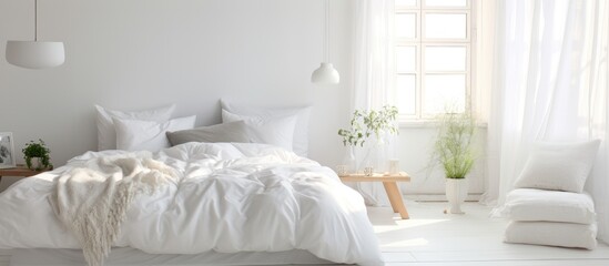 A white bedroom featuring a spacious bed covered in white bedclothes in the morning light. The room has a minimalistic design with white curtains softly billowing in the background. - obrazy, fototapety, plakaty