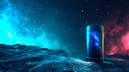 Lithium battery with a blue glow on a galaxy background emphasizing clean energy amidst cosmic wonder - obrazy, fototapety, plakaty