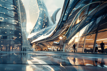 architectural photo featuring a futuristic research facility or innovation hub, with cutting-edge technologies and sustainable design elements - obrazy, fototapety, plakaty